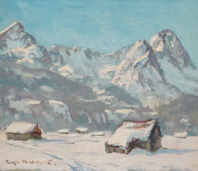 Impressionist oil on canvas, Alps scene with chalets, indistinctly signed lower left, 47 x 54cm. Condition - canvas good, frame damaged